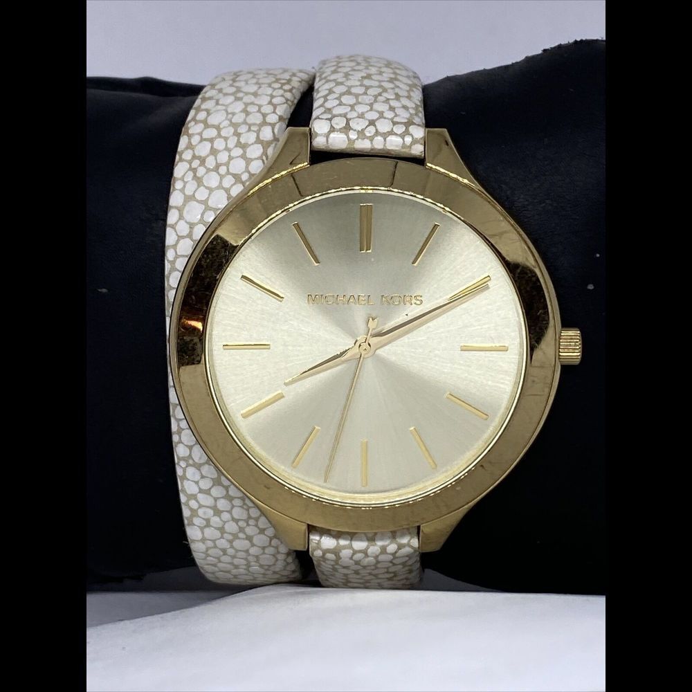 Michael Kors Slim Runway MK2477 Women Leather Analog Gold Dial Wrist Watch MP335 - Picture 2 of 12